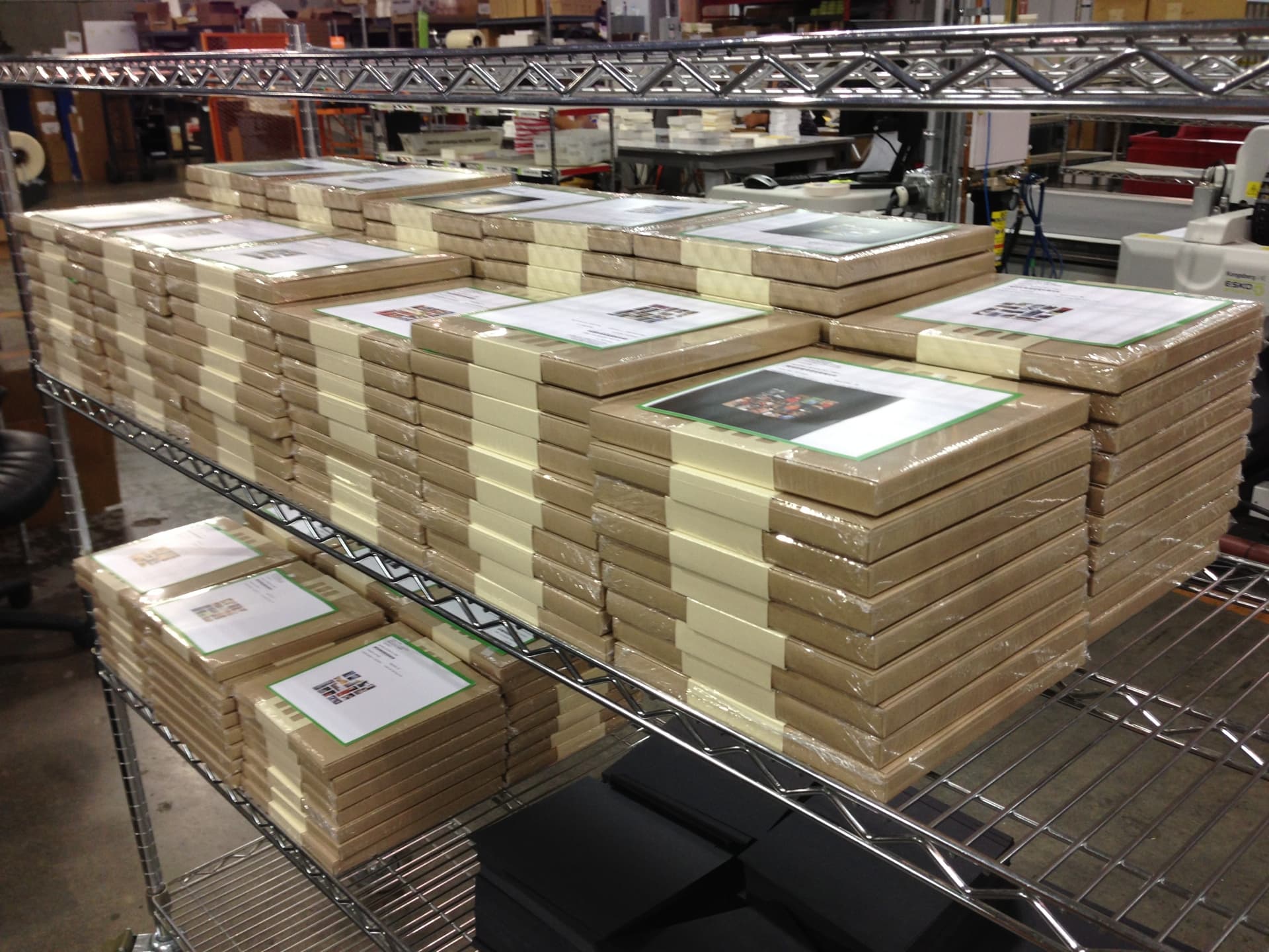 Stacks of finished Mosaic orders ready to ship
