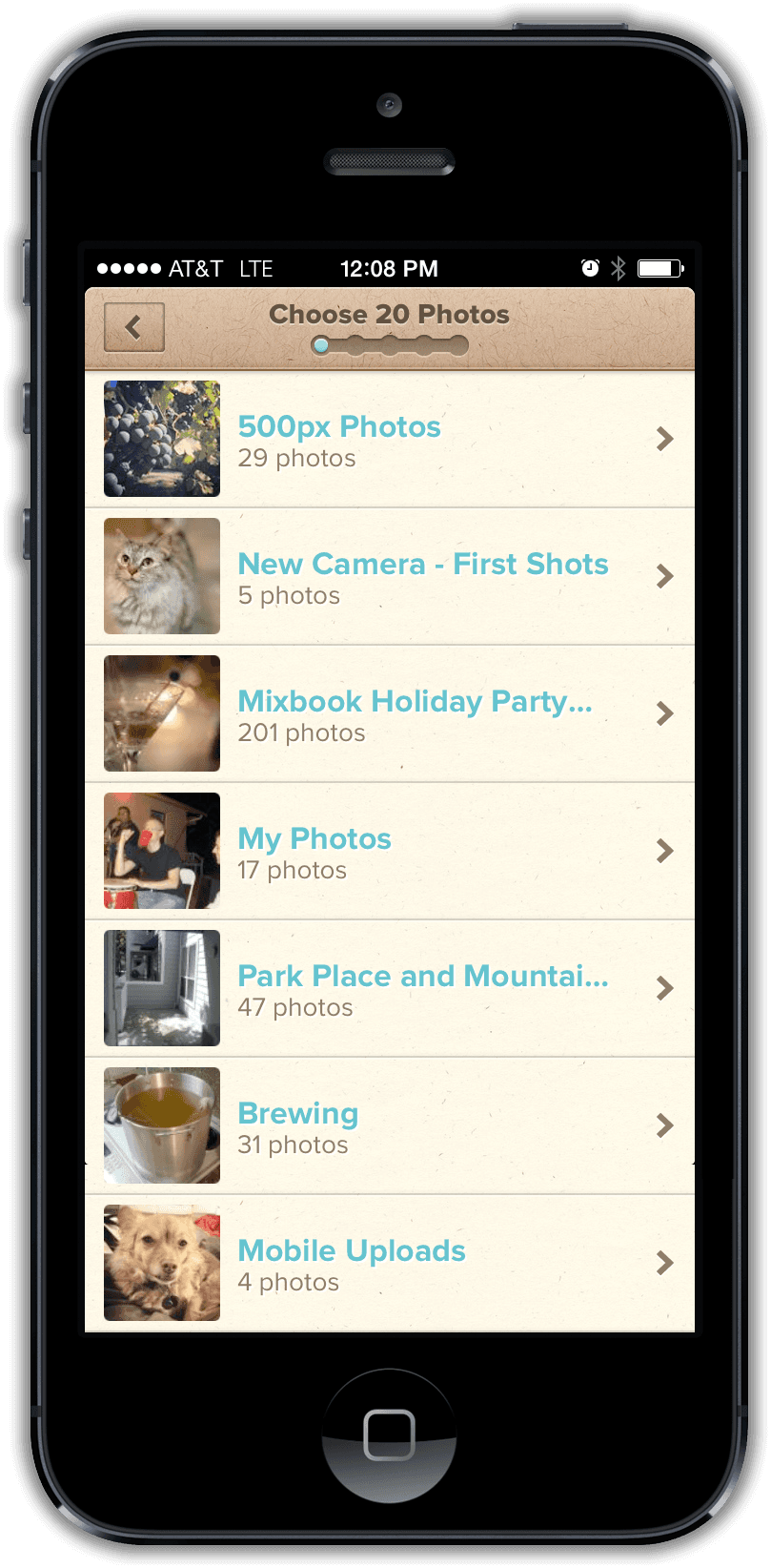 Mosaic photo album selection screen