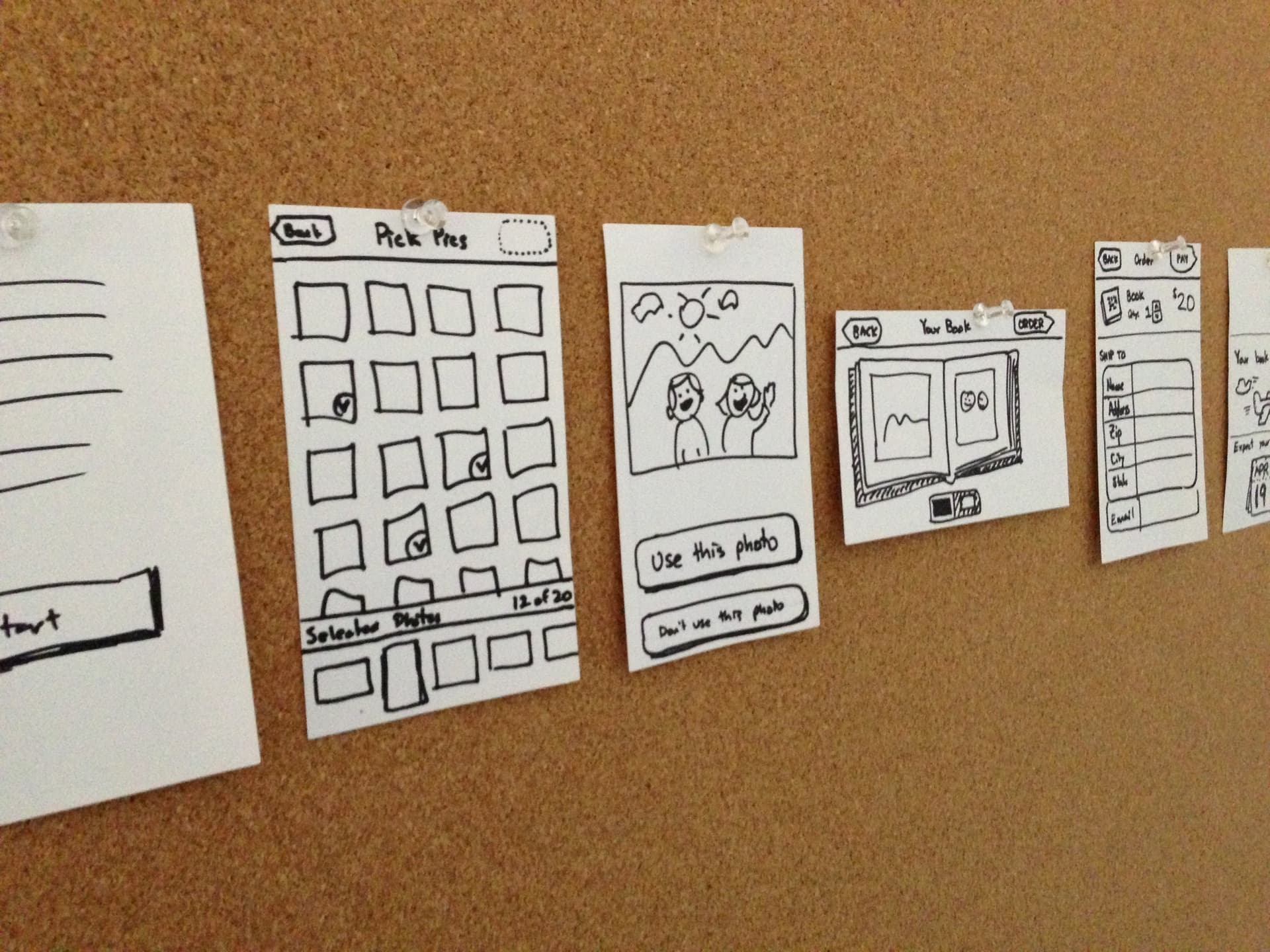 Paper wireframes for the Mosaic app