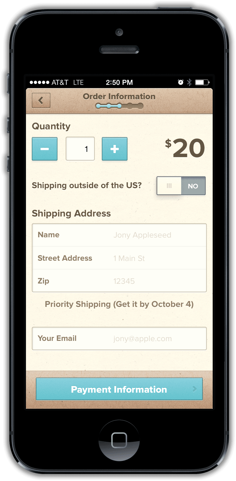 Mosaic shipping information screen