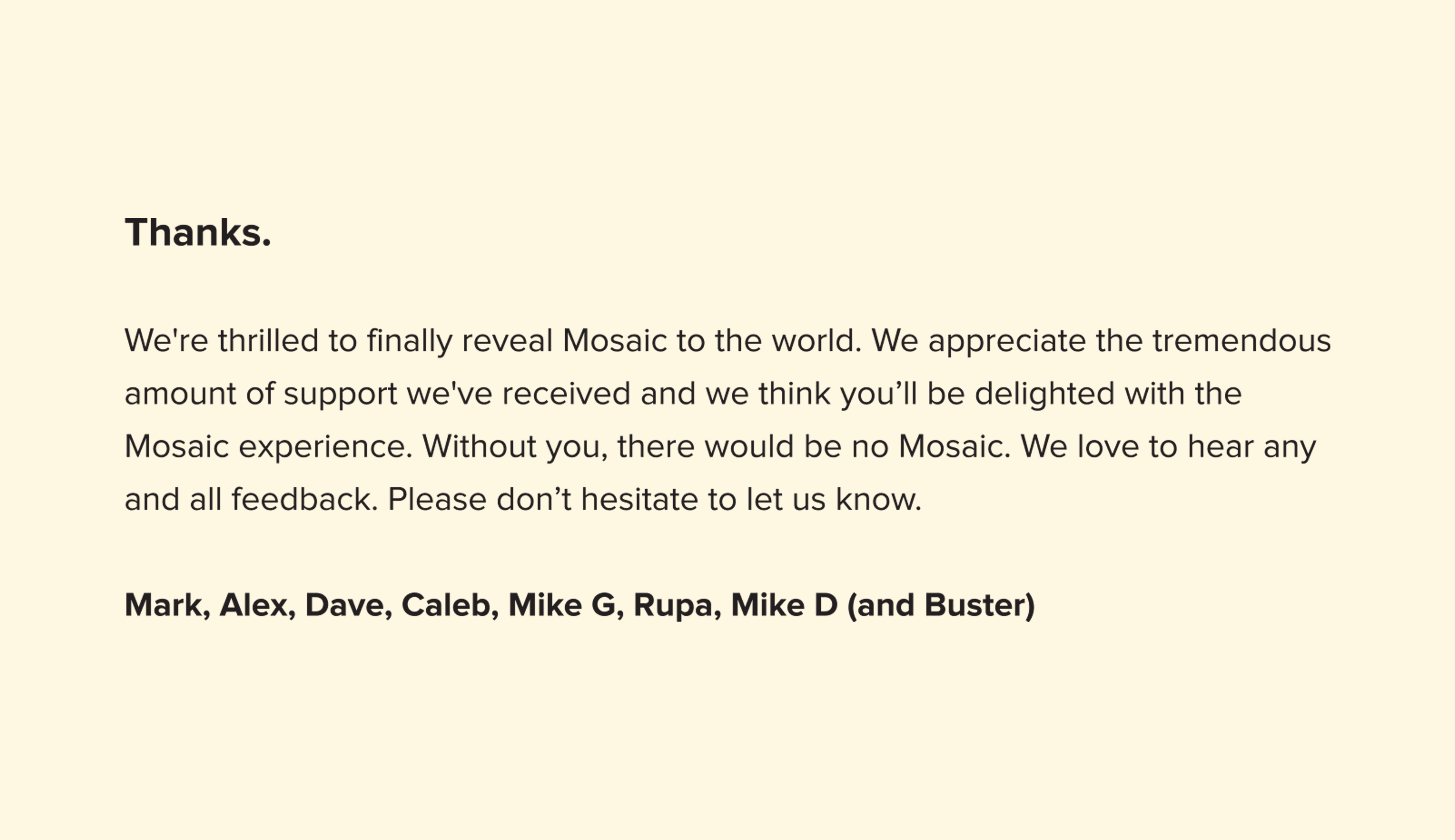 Message inside the Mosaic early-adopter thank-you card