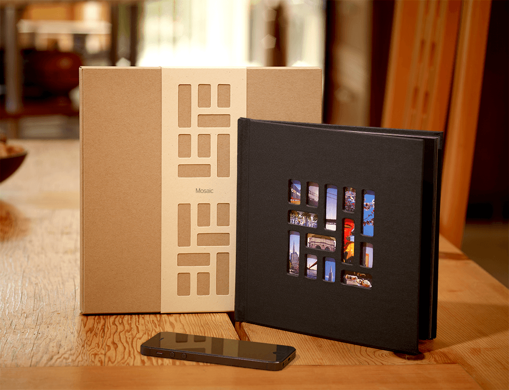 Mosaic photobook, packaging, and iPhone