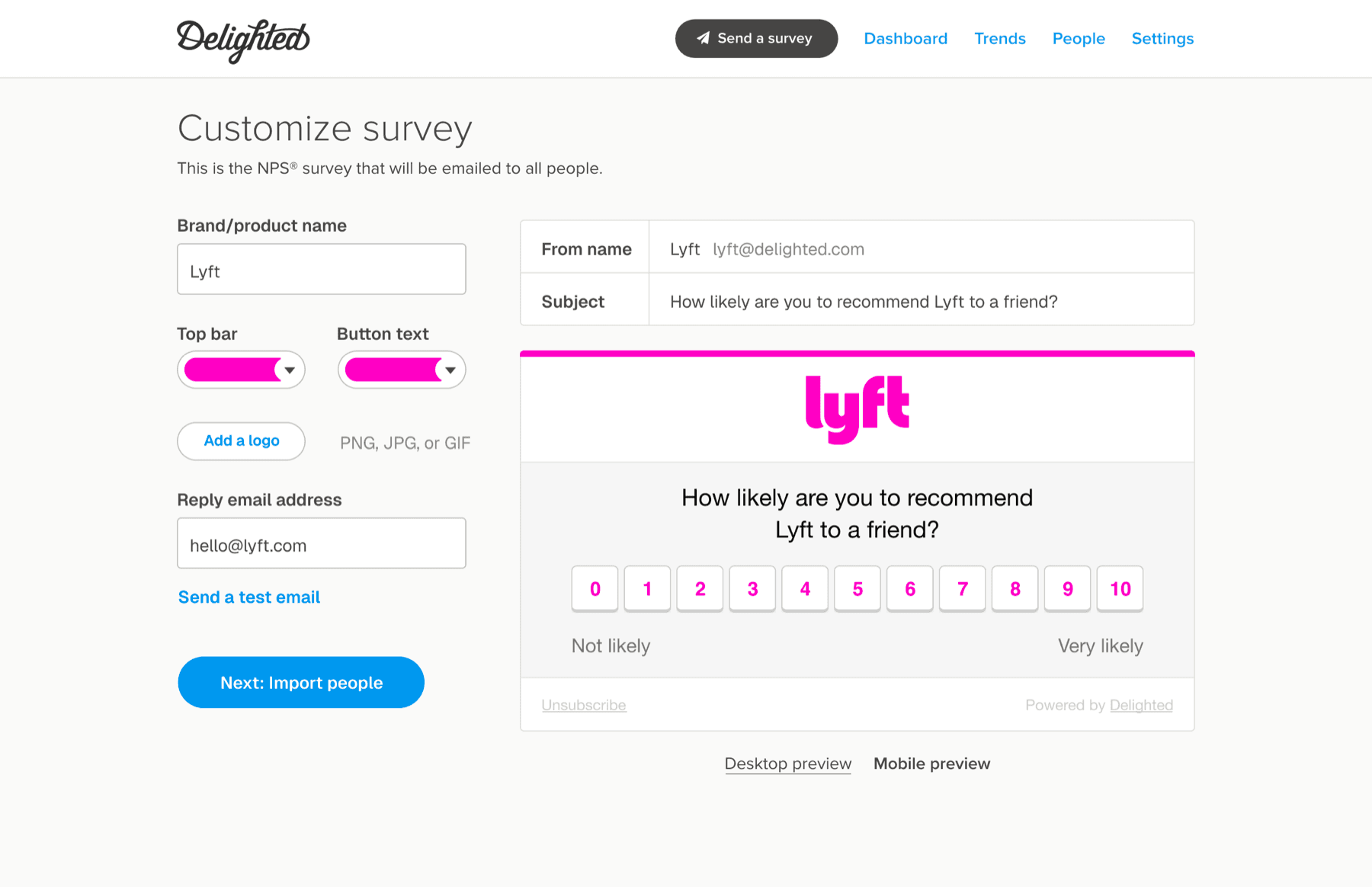 Delighted survey customization screen with a Lyft survey preview