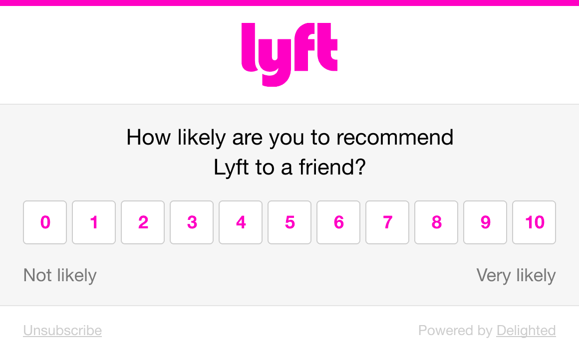 Lyft NPS survey with Powered by Delighted attribution