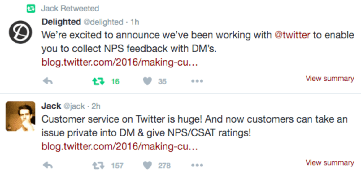 Jack Dorsey announcing NPS and CSAT feedback through Twitter direct messages